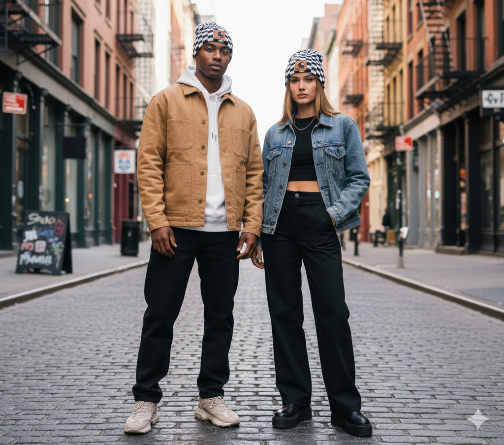 Garharll Checkered Beanie – Retro Streetwear Knit Hat with Leather Logo Patch