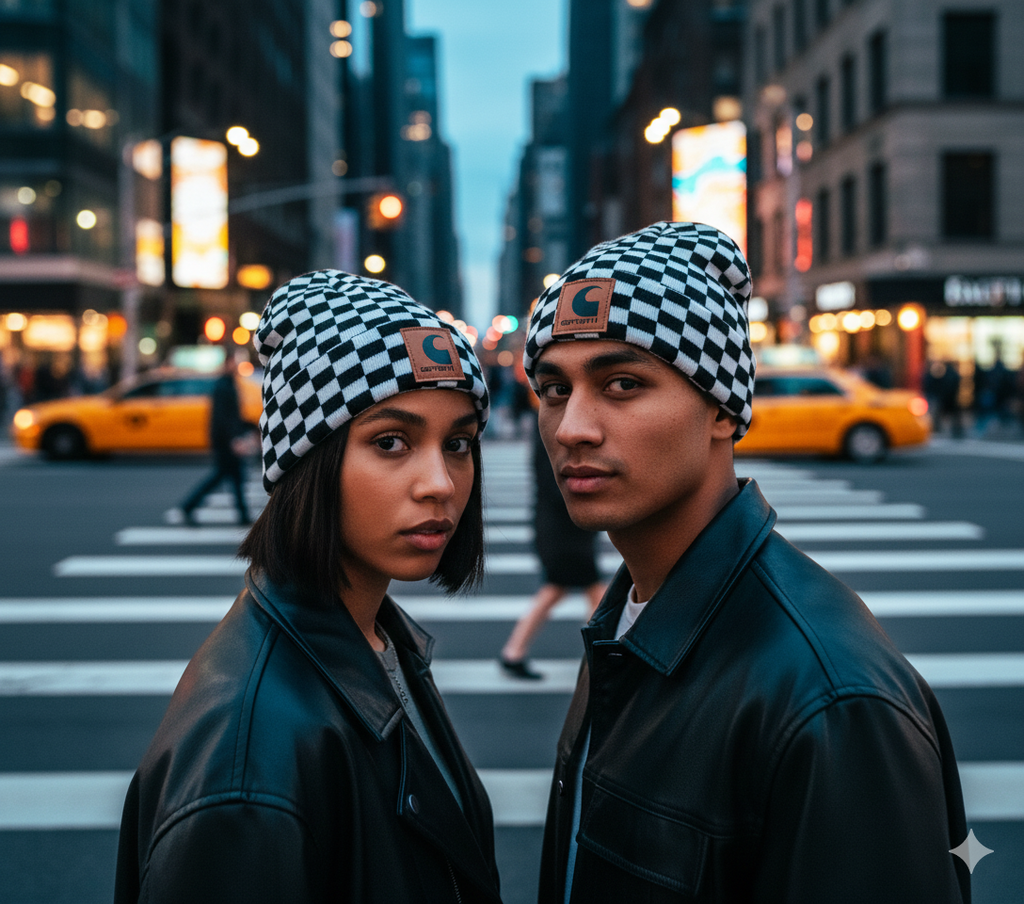 Garharll Checkered Beanie – Retro Streetwear Knit Hat with Leather Logo Patch