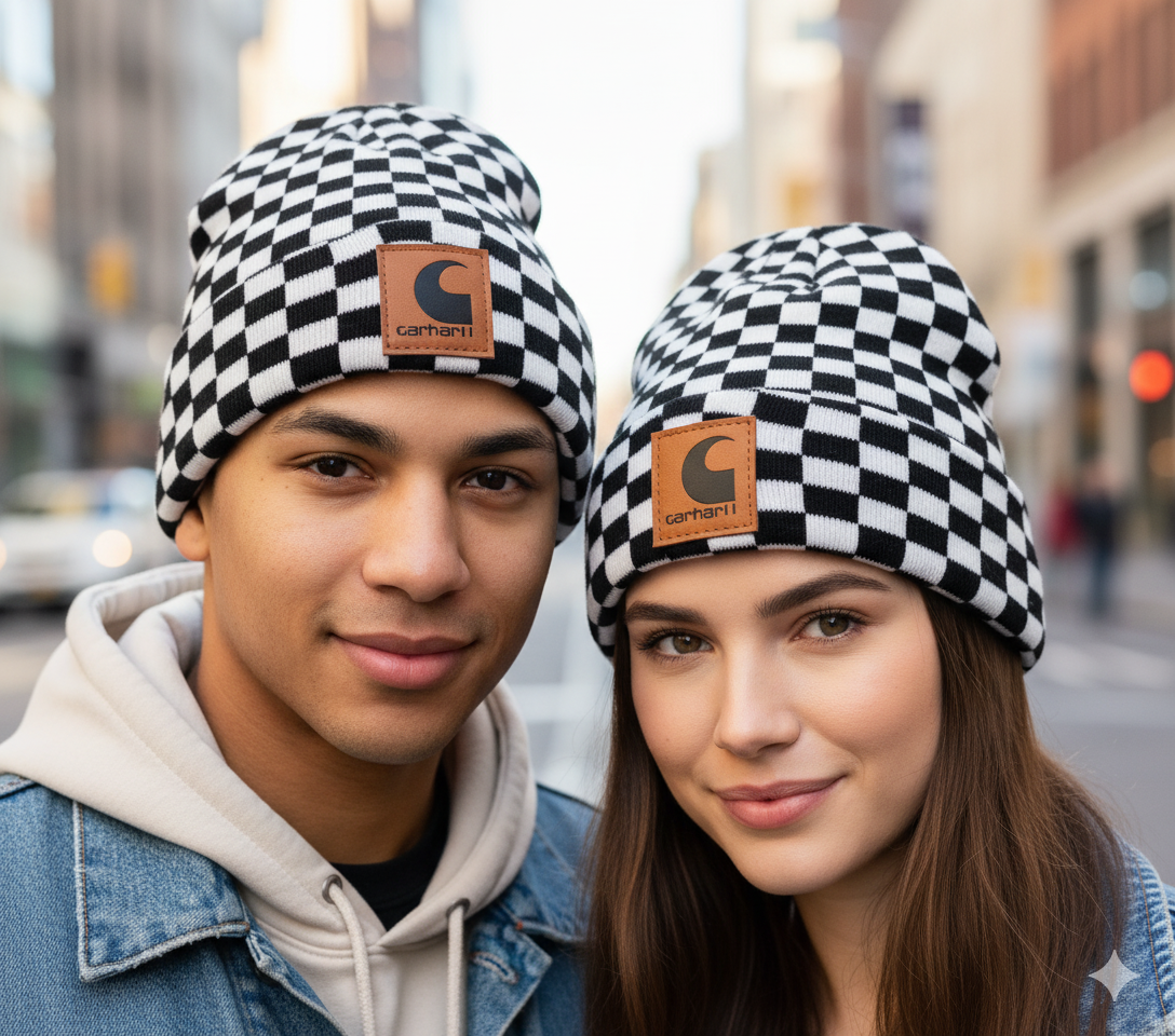 Garharll Checkered Beanie – Retro Streetwear Knit Hat with Leather Logo Patch