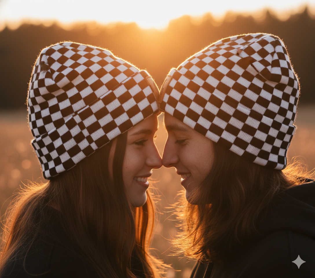 Garharll Checkered Beanie – Retro Streetwear Knit Hat with Leather Logo Patch