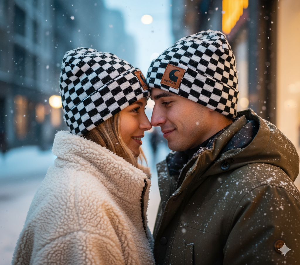 Garharll Checkered Beanie – Retro Streetwear Knit Hat with Leather Logo Patch