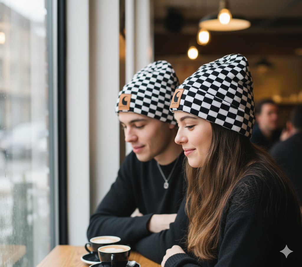 Garharll Checkered Beanie – Retro Streetwear Knit Hat with Leather Logo Patch