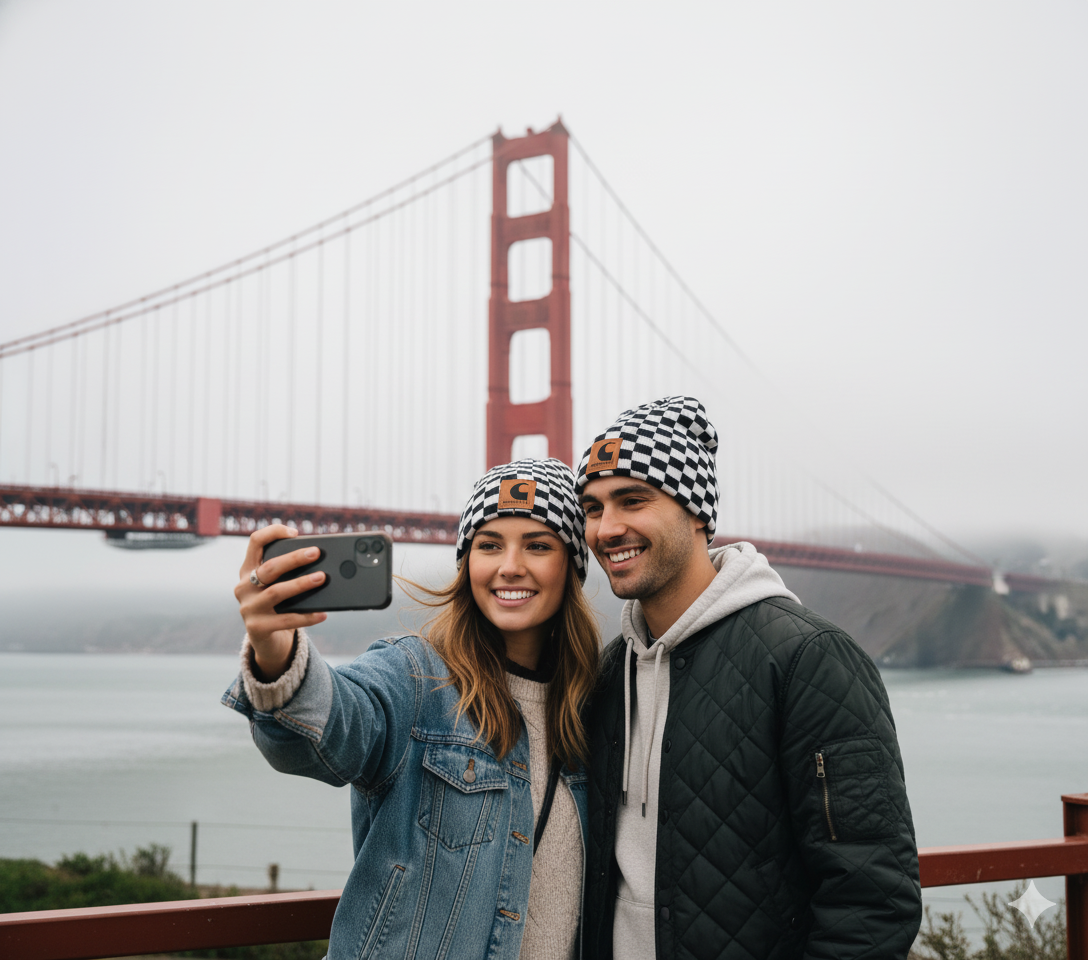 Garharll Checkered Beanie – Retro Streetwear Knit Hat with Leather Logo Patch