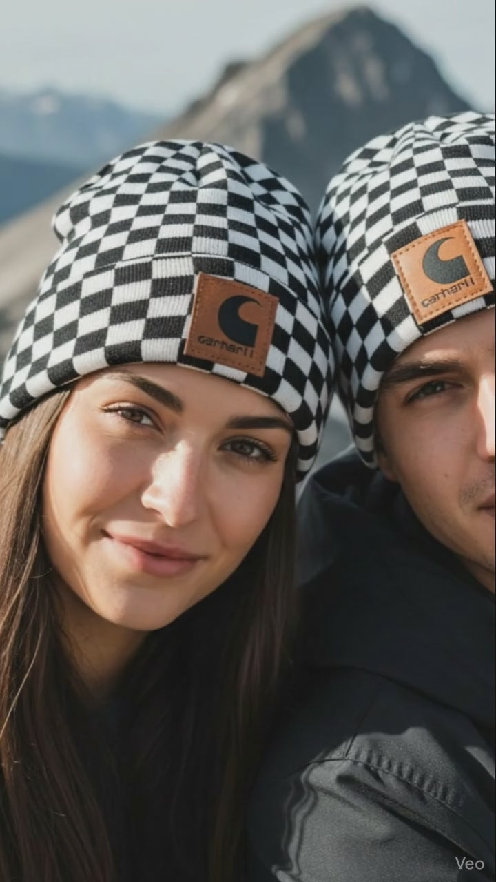 Garharll Checkered Beanie – Retro Streetwear Knit Hat with Leather Logo Patch